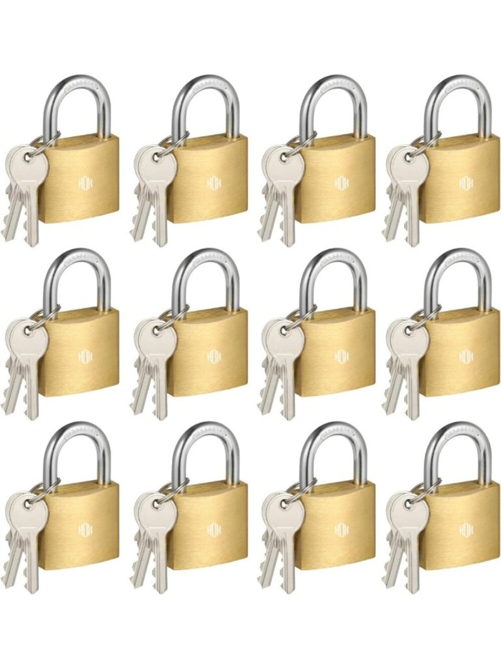 Solid Brass Keyed Padlock Set, Hardened Steel Shackles, 30mm, 12-Pack
